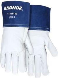 RADNOR Large 12 1/4 IN White And Blue Premium Grain Goatskin Unlined MIG/TIG Welders Gloves With 4 IN Split Cowhide Gauntlet Cuff